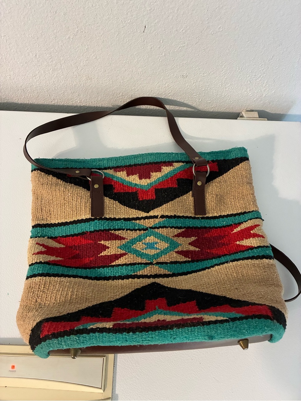 Turquoise & Red Southwestern blanket Tote Bag with Leather Straps